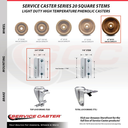 Service Caster 6 Inch High Temp Phenolic Wheel Swivel 3/4 Inch Square Stem Caster SCC SCC-SQ20S615-PHSHT-34